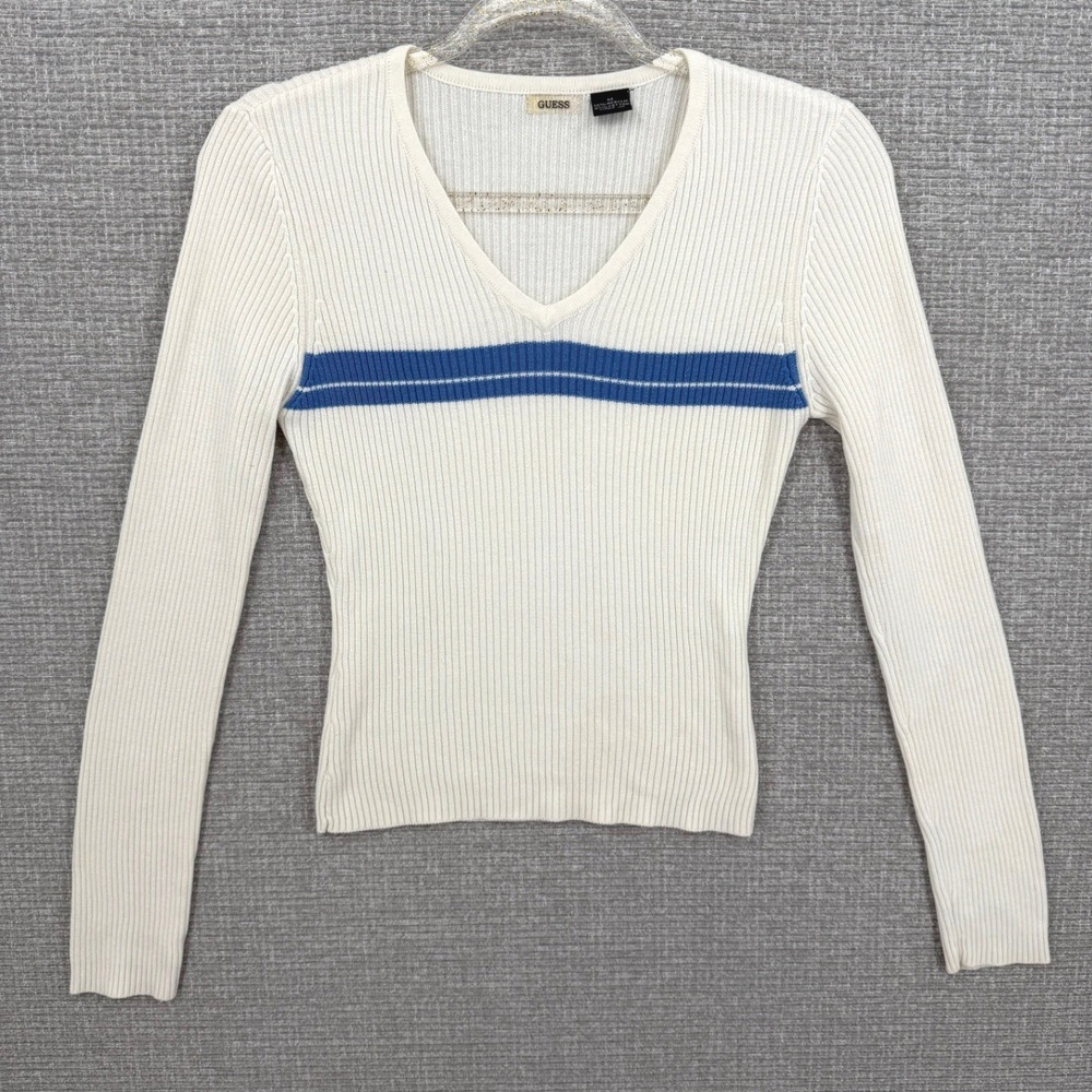 Vintage Guess Sweater Women Medium White Blue Ribbed Knit Stretch Y2K
